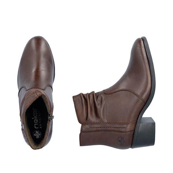 Rieker 73953-27 women's brown leather side zip ankle boots, two-angle product view.