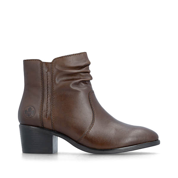 Rieker 73953-27 women's brown leather side zip ankle boots, opposite side view.