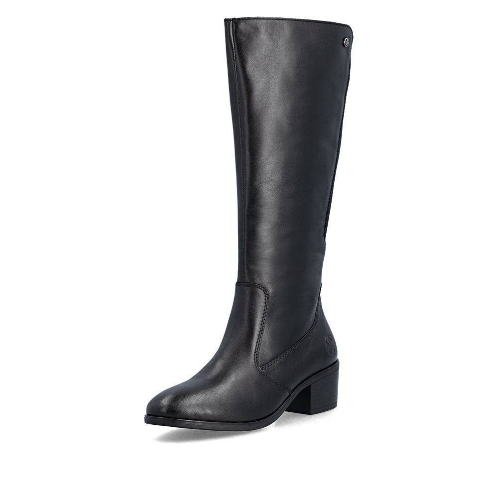 Rieker 73955-00 women's black leather side zip mid-calf boots, front three-quarter view.