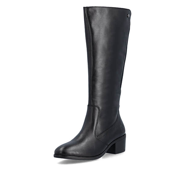 Rieker 73955-00 women's black leather side zip mid-calf boots, front three-quarter view.