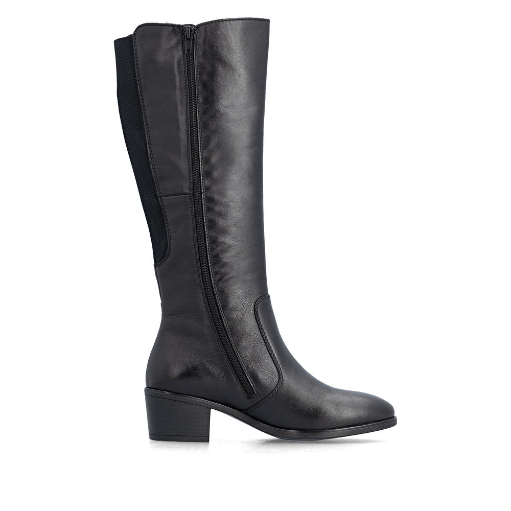 Rieker 73955-00 women's black leather side zip mid-calf boots, outer side view.