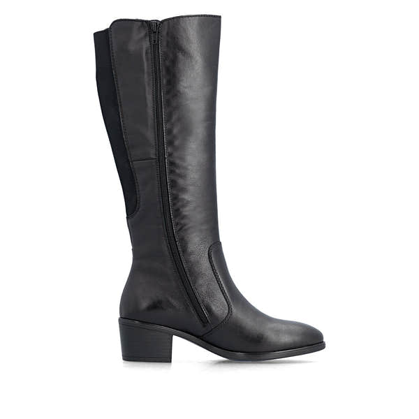 Rieker 73955-00 women's black leather side zip mid-calf boots, outer side view.