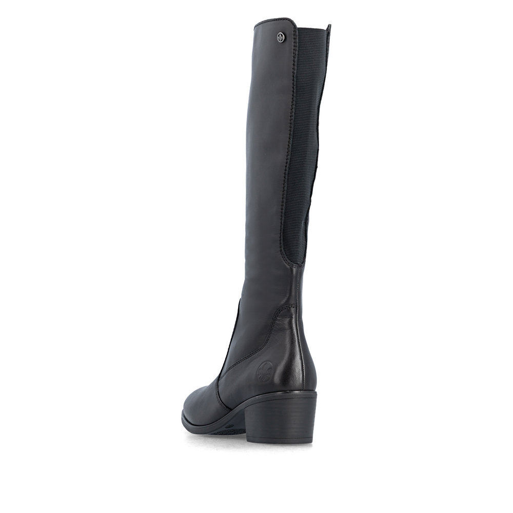Rieker 73955-00 women's black leather side zip mid-calf boots, rear three-quarter view.