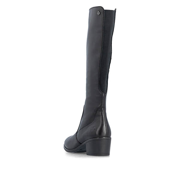 Rieker 73955-00 women's black leather side zip mid-calf boots, rear three-quarter view.