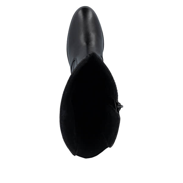 Rieker 73955-00 women's black leather side zip mid-calf boots, top view.