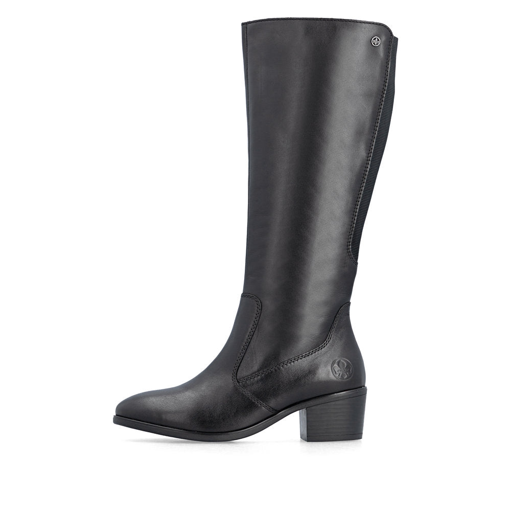 Rieker 73955-00 women's black leather side zip mid-calf boots, inner side view.