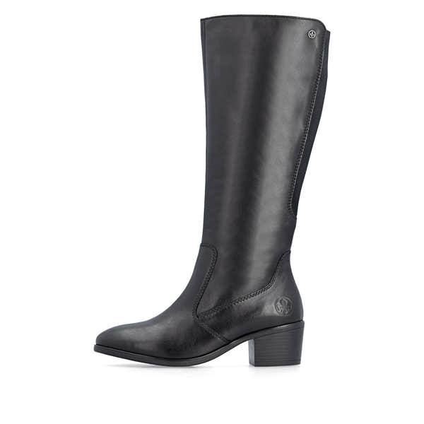 Rieker 73955-00 women's black leather side zip mid-calf boots, inner side view.