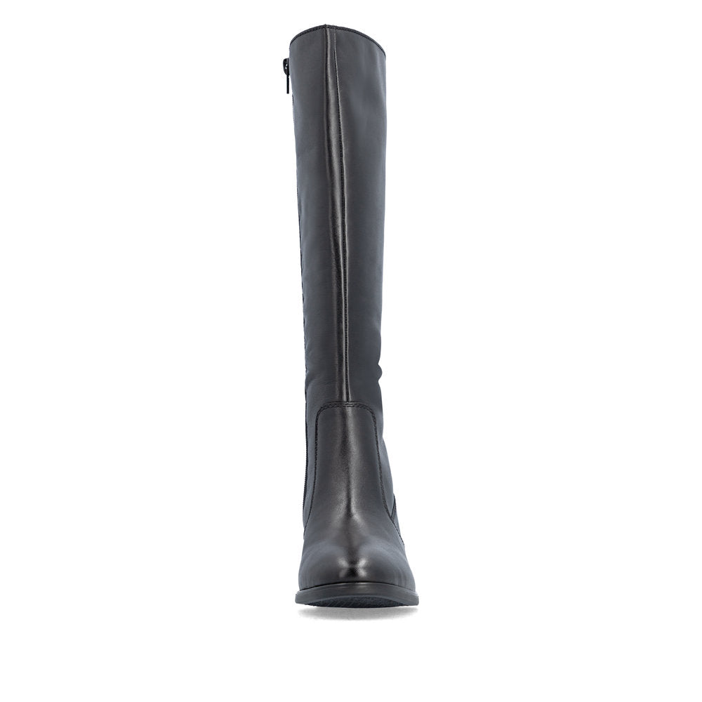 Rieker 73955-00 women's black leather side zip mid-calf boots, front view.