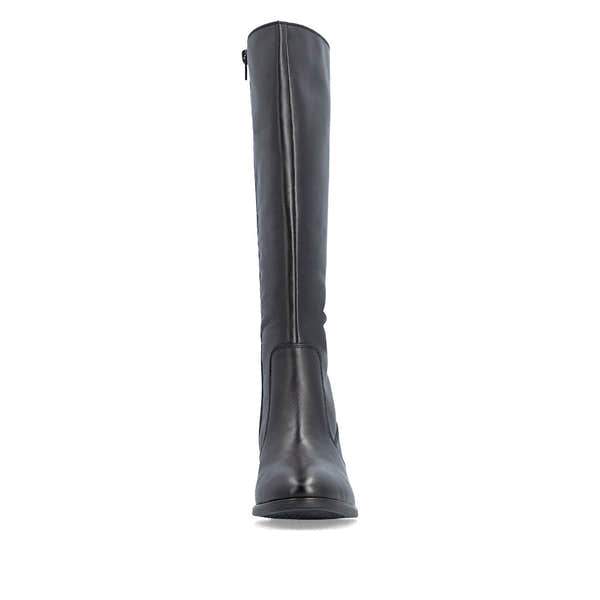 Rieker 73955-00 women's black leather side zip mid-calf boots, front view.