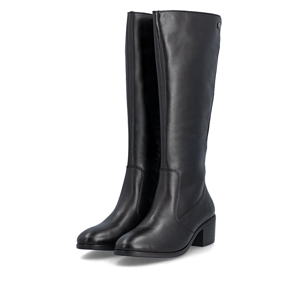 Rieker 73955-00 women's black leather side zip mid-calf boots, paired three-quarter view.