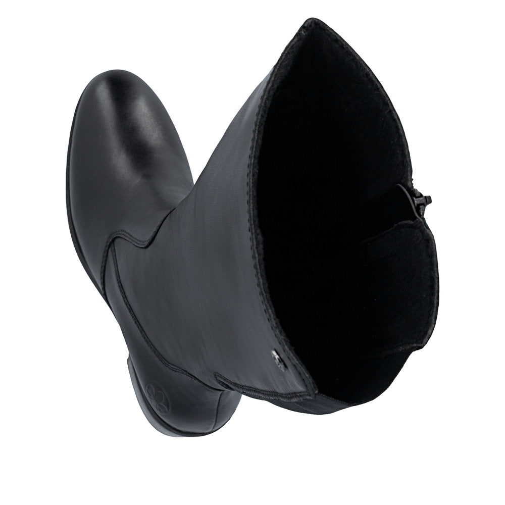 Rieker 73955-00 women's black leather side zip mid-calf boots, two-angle product view.