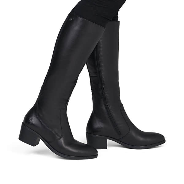 Rieker 73955-00 women's black leather side zip mid-calf boots, on-foot lifestyle view.