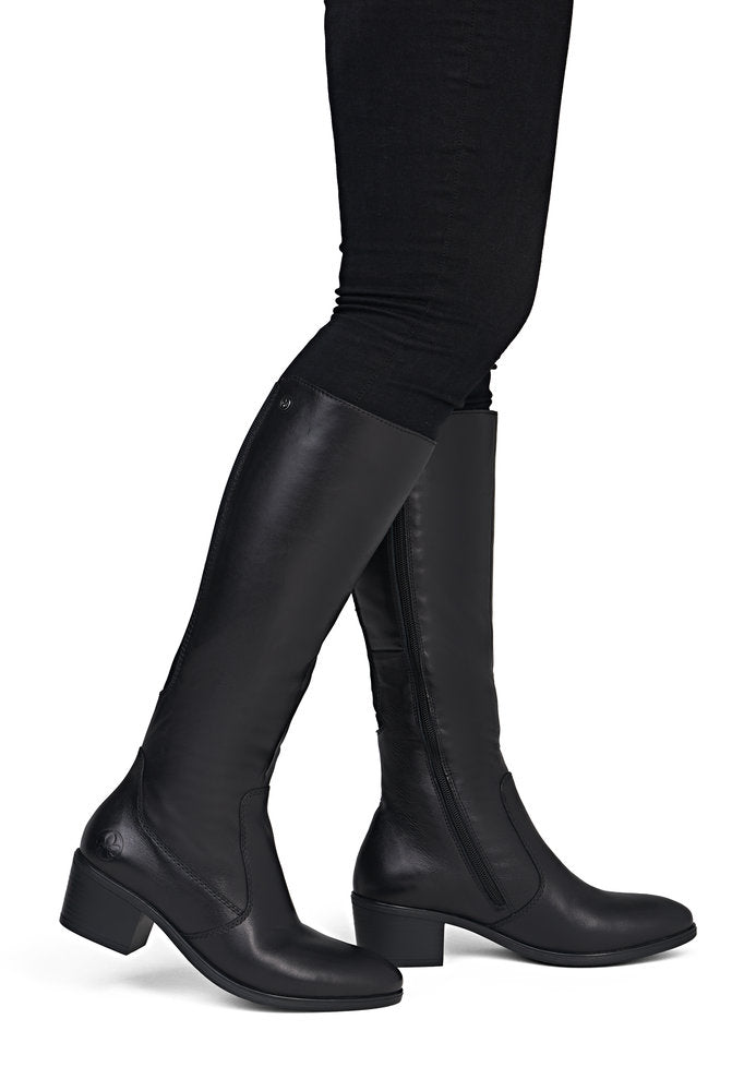 Rieker 73955-00 women's black leather side zip mid-calf boots, on-foot lifestyle view.