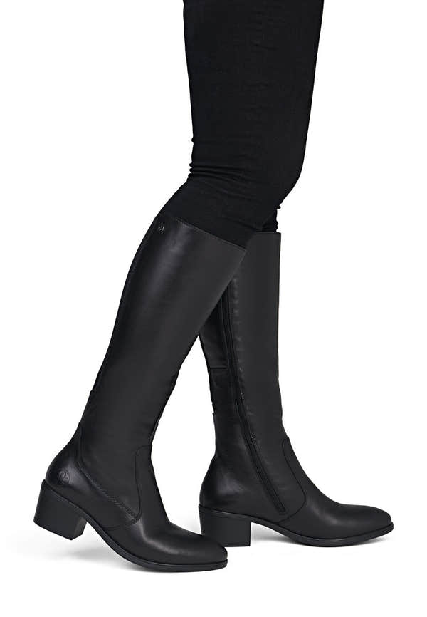 Rieker 73955-00 women's black leather side zip mid-calf boots, on-foot lifestyle view.