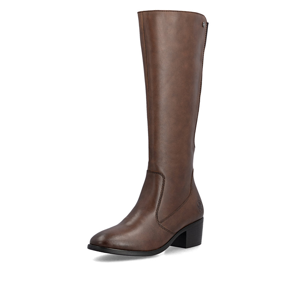 Rieker 73955-22 women's brown leather side zip mid-calf boots, front three-quarter view.