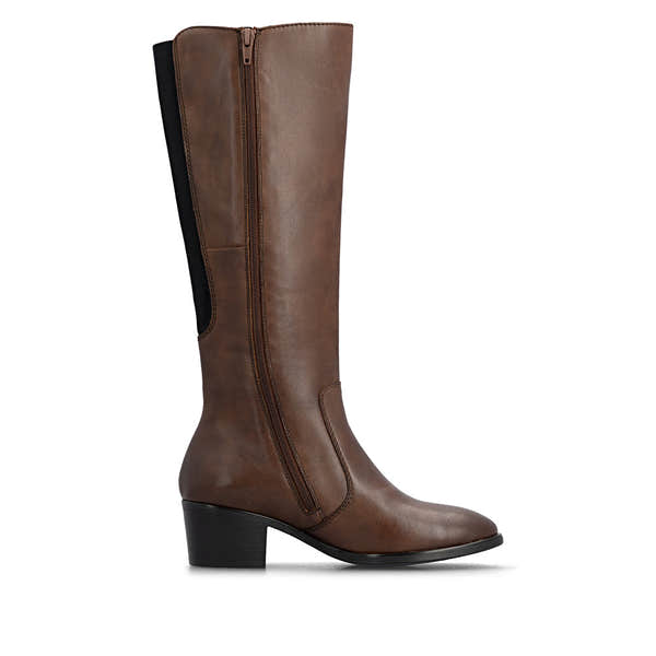 Rieker 73955-22 women's brown leather side zip mid-calf boots, outer side view.