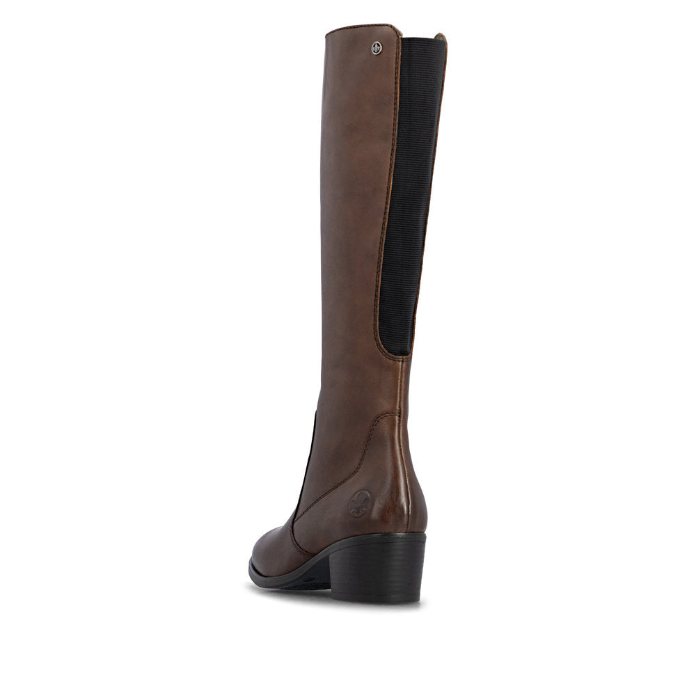 Rieker 73955-22 women's brown leather side zip mid-calf boots, rear three-quarter view.