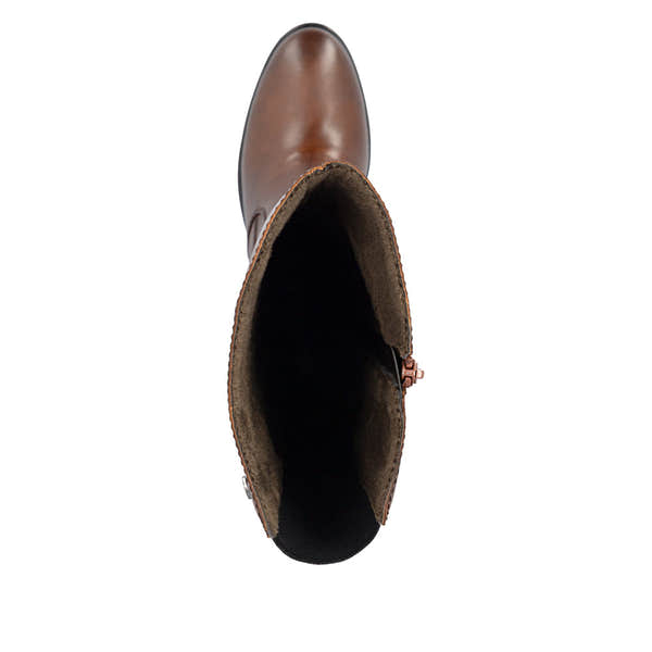 Rieker 73955-22 women's brown leather side zip mid-calf boots, top view.