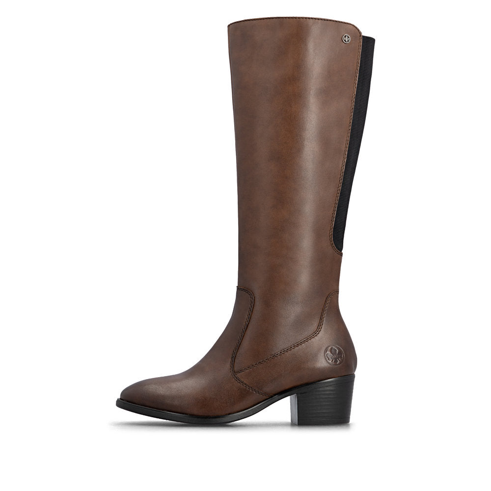 Rieker 73955-22 women's brown leather side zip mid-calf boots, inner side view.
