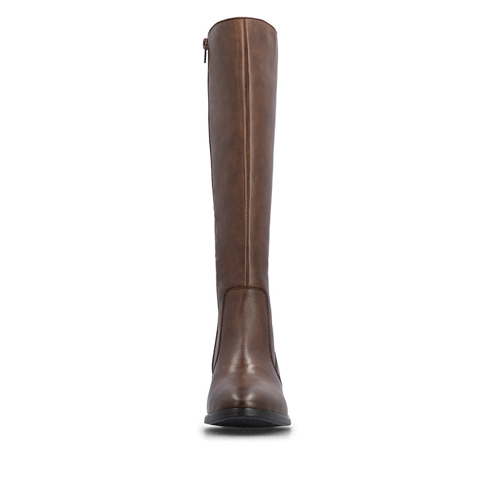 Rieker 73955-22 women's brown leather side zip mid-calf boots, front view.
