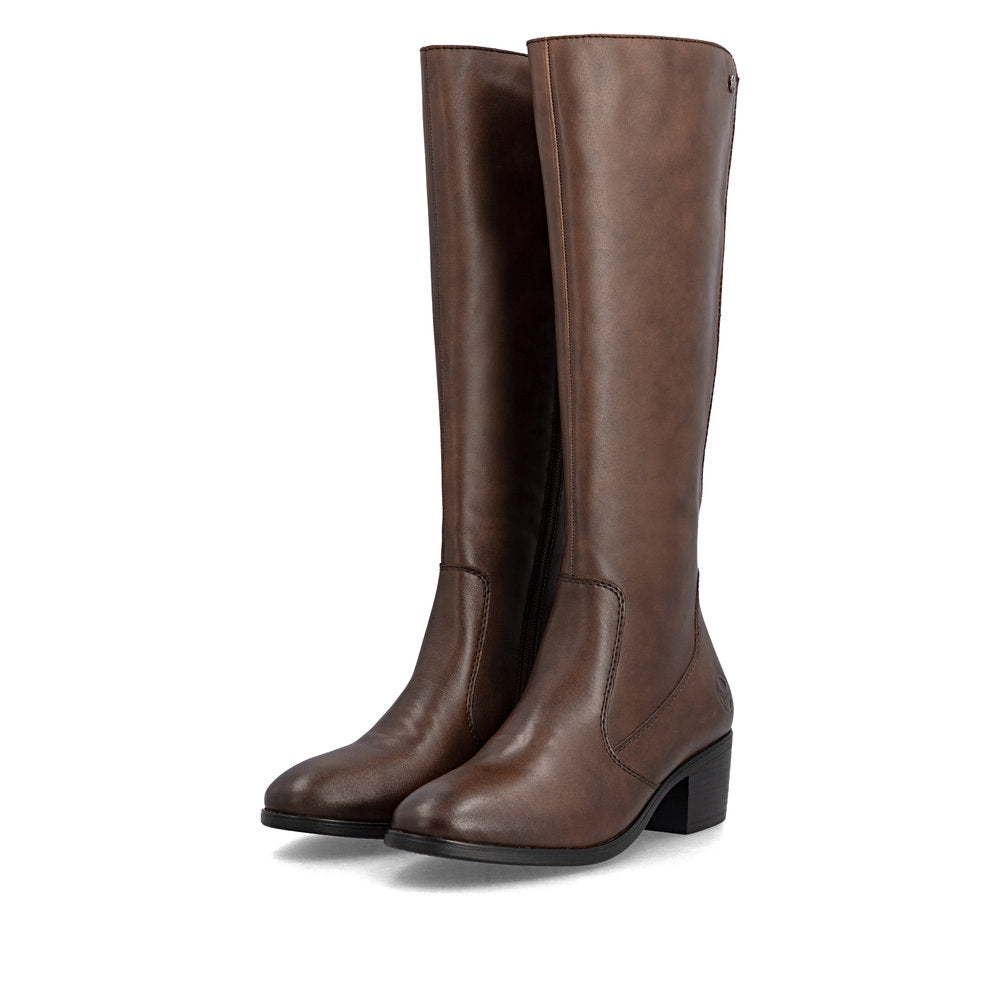 Rieker 73955-22 women's brown leather side zip mid-calf boots, paired three-quarter view.