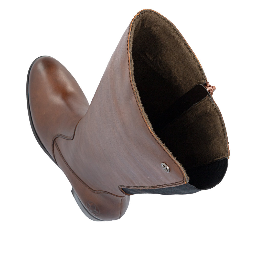 Rieker 73955-22 women's brown leather side zip mid-calf boots, two-angle product view.