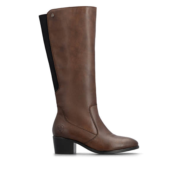 Rieker 73955-22 women's brown leather side zip mid-calf boots, opposite side view.