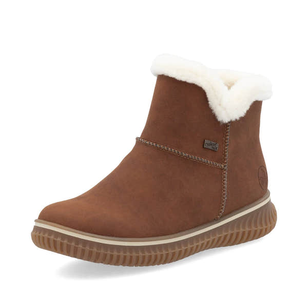 Rieker 74260-25 women's brandy water resistant slip on ankle boots, front three-quarter view.
