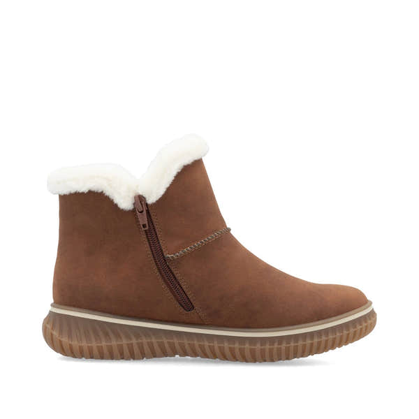 Rieker 74260-25 women's brandy water resistant slip on ankle boots, outer side view.