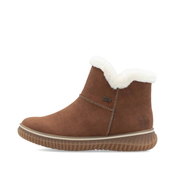 Rieker 74260-25 women's brandy water resistant slip on ankle boots, inner side view.