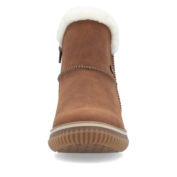 Rieker 74260-25 women's brandy water resistant slip on ankle boots, front view.