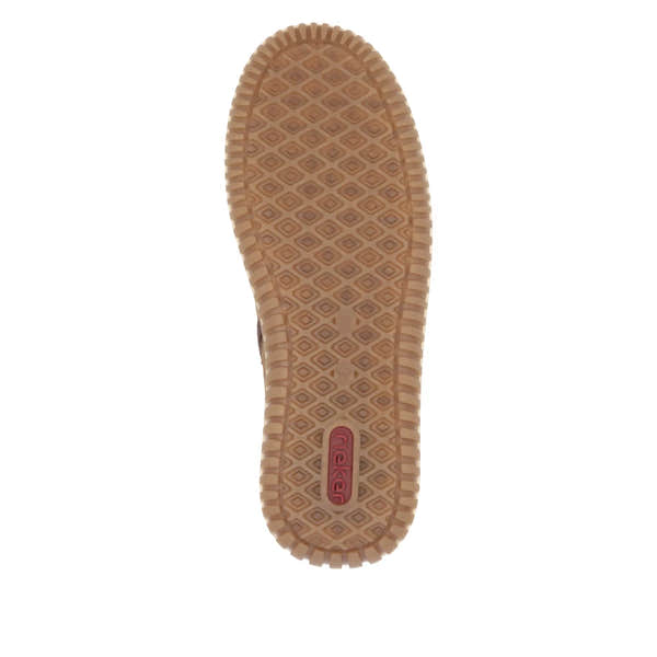 Rieker 74260-25 women's brandy water resistant slip on ankle boots, sole and tread view.