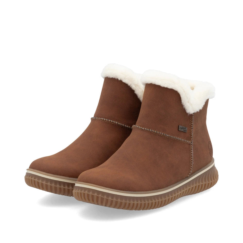Rieker 74260-25 women's brandy water resistant slip on ankle boots, paired three-quarter view.
