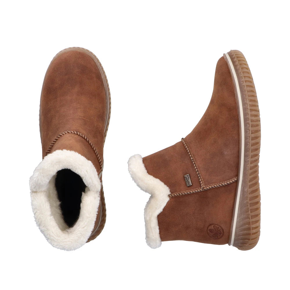Rieker 74260-25 women's brandy water resistant slip on ankle boots, two-angle product view.