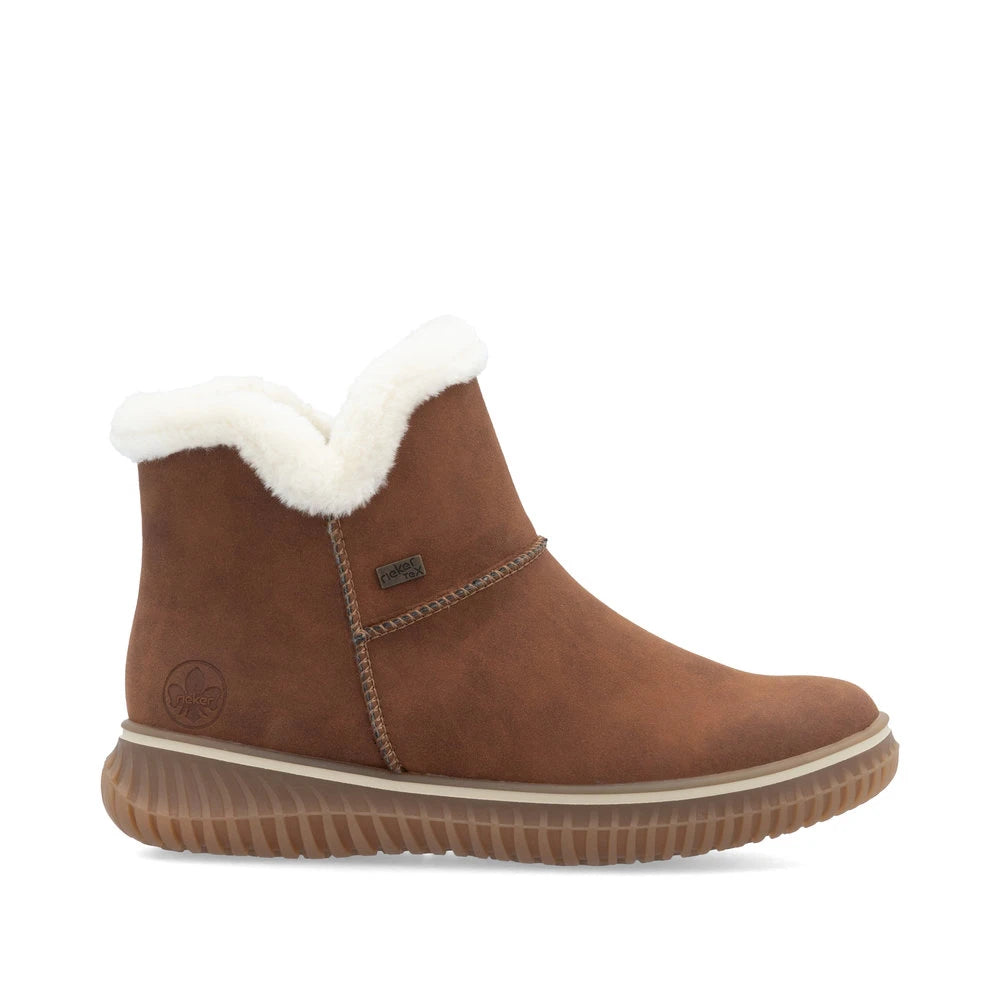 Rieker 74260-25 women's brandy water resistant slip on ankle boots, opposite side view.