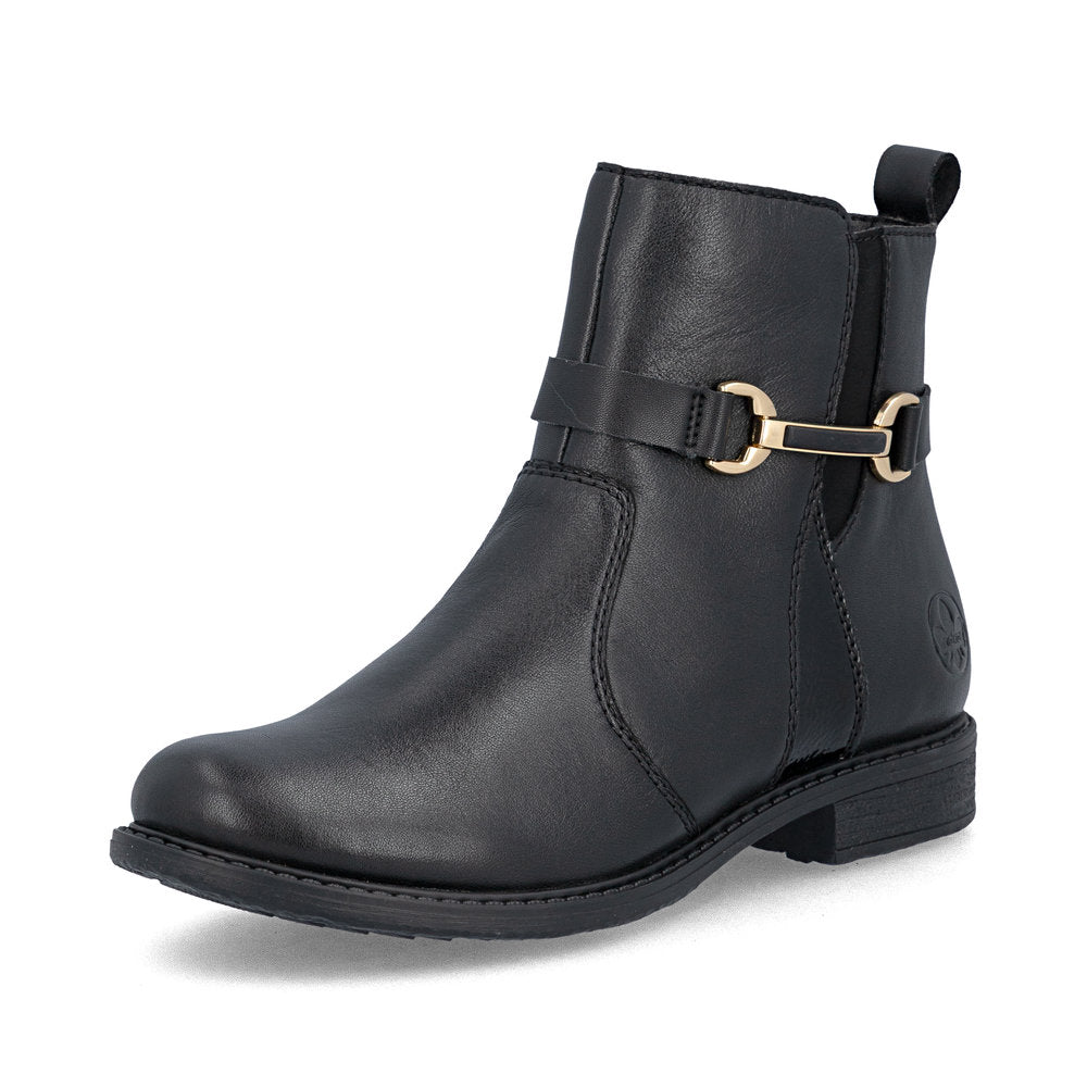 Rieker 74856-00 women's wide black leather side zip ankle boots, front three-quarter view.
