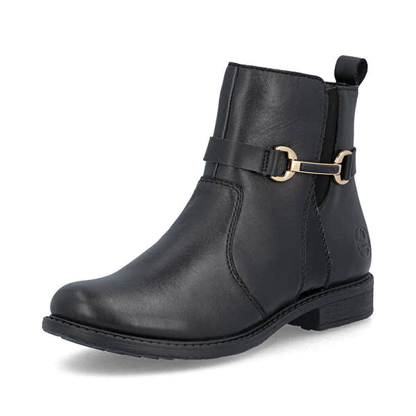 Rieker 74856-00 women's wide black leather side zip ankle boots, front three-quarter view.
