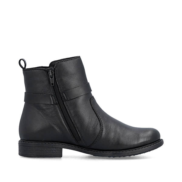 Rieker 74856-00 women's wide black leather side zip ankle boots, outer side view.