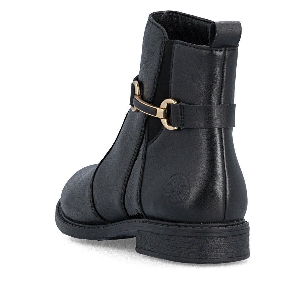 Rieker 74856-00 women's wide black leather side zip ankle boots, rear three-quarter view.