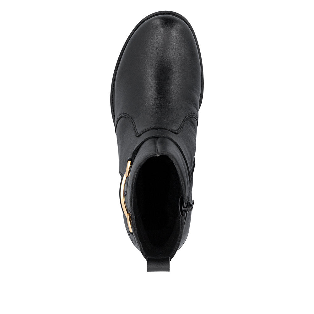 Rieker 74856-00 women's wide black leather side zip ankle boots, top view.