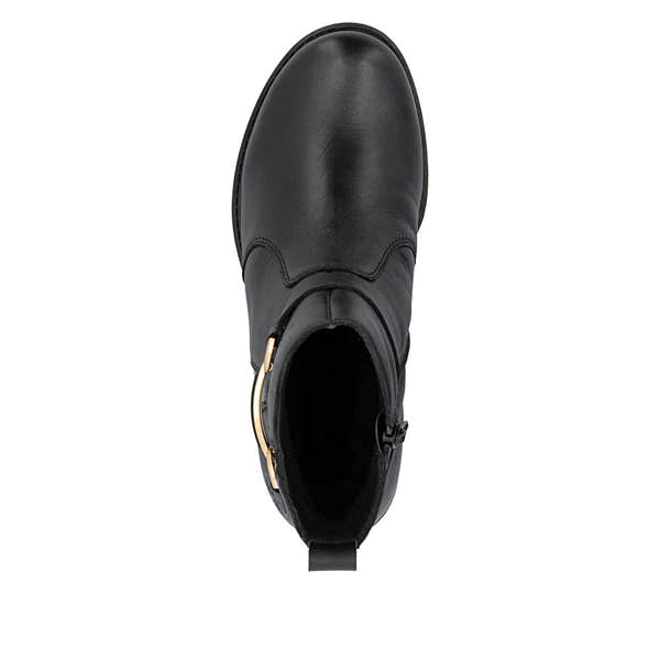 Rieker 74856-00 women's wide black leather side zip ankle boots, top view.