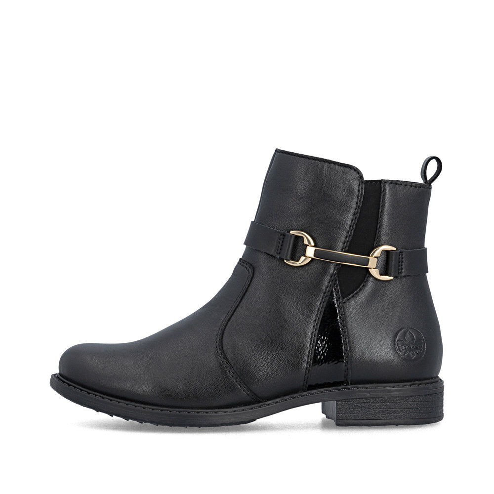 Rieker 74856-00 women's wide black leather side zip ankle boots, inner side view.