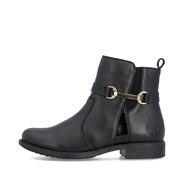 Rieker 74856-00 women's wide black leather side zip ankle boots, inner side view.