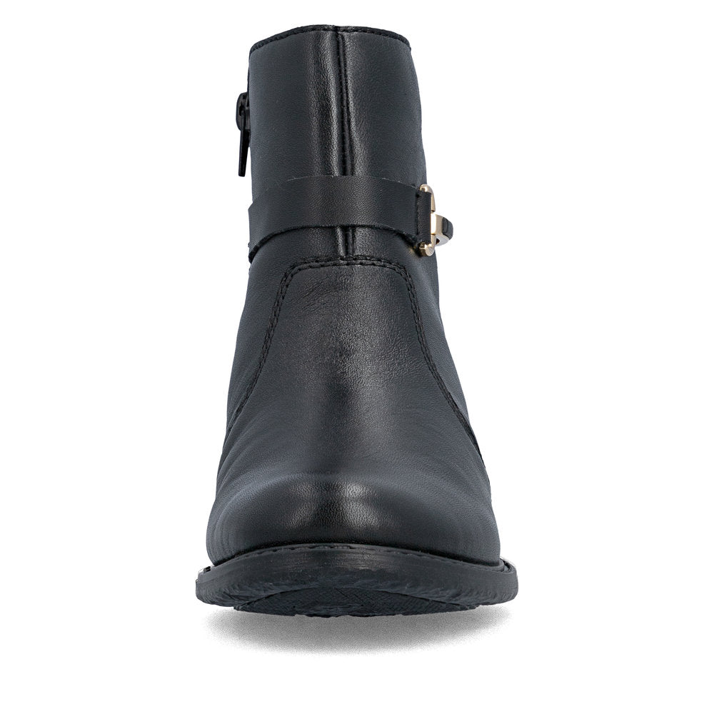 Rieker 74856-00 women's wide black leather side zip ankle boots, front view.