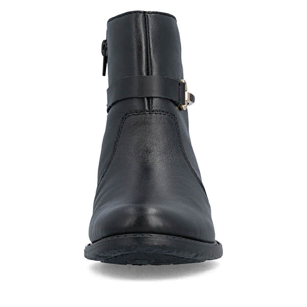 Rieker 74856-00 women's wide black leather side zip ankle boots, front view.