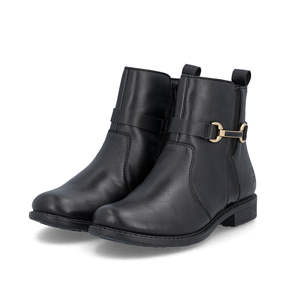 Rieker 74856-00 women's wide black leather side zip ankle boots, paired three-quarter view.