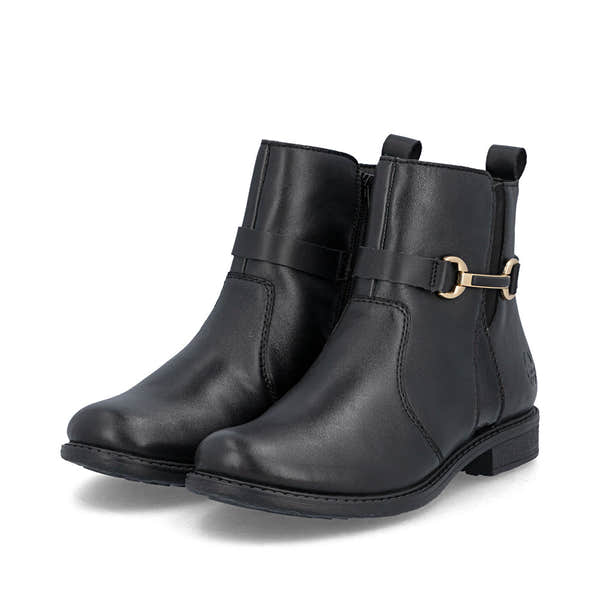 Rieker 74856-00 women's wide black leather side zip ankle boots, paired three-quarter view.