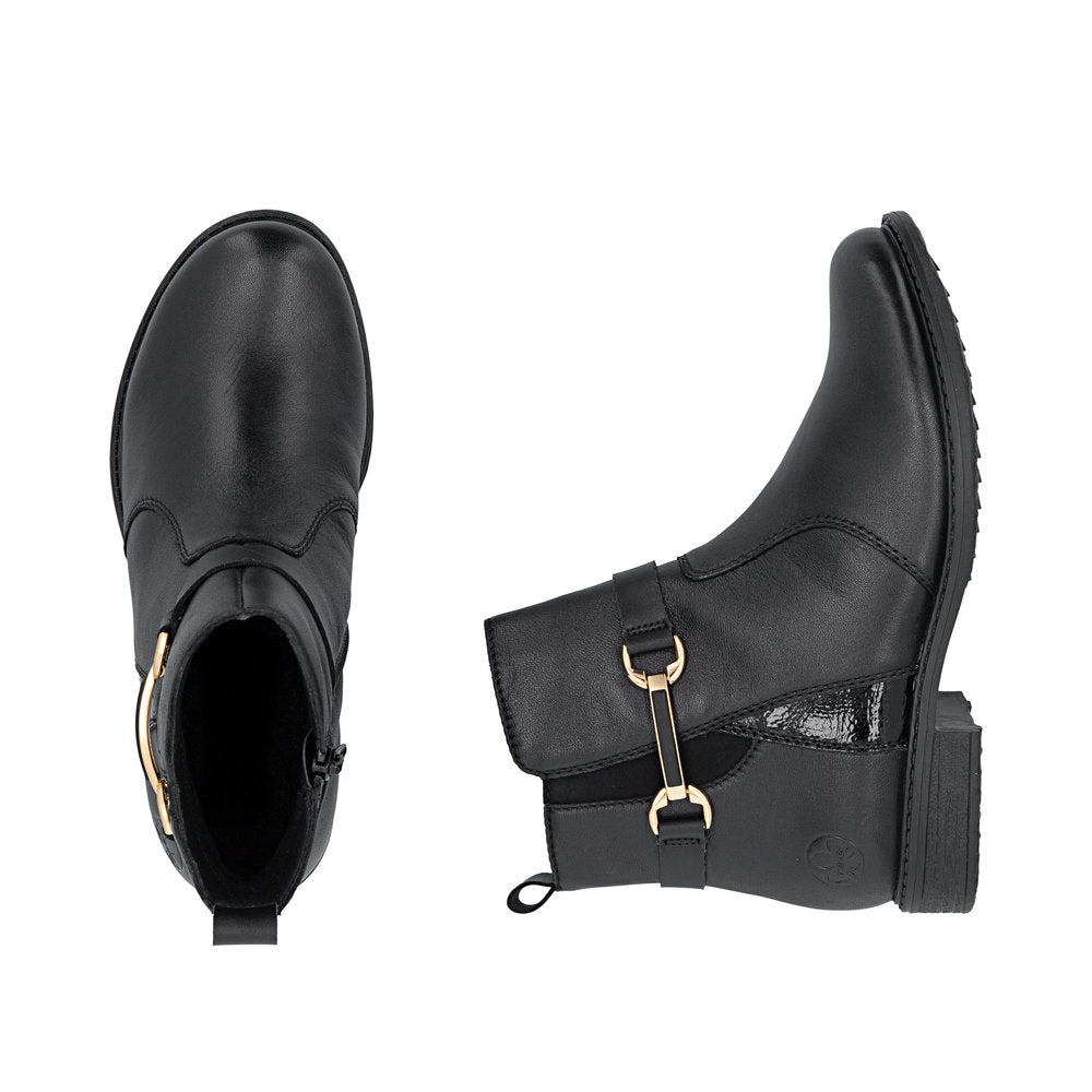 Rieker 74856-00 women's wide black leather side zip ankle boots, two-angle product view.