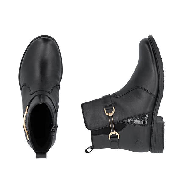 Rieker 74856-00 women's wide black leather side zip ankle boots, two-angle product view.