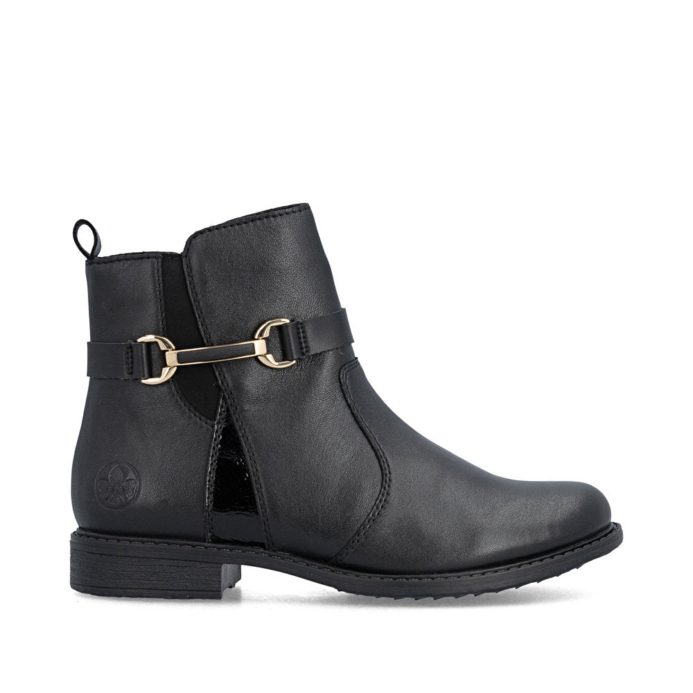 Rieker 74856-00 women's wide black leather side zip ankle boots, opposite side view.